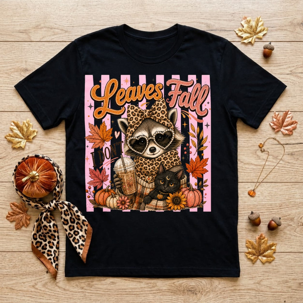 Cute Leopard Raccoon And Black Cat Autumn Leaves Fall Classic T-Shirt