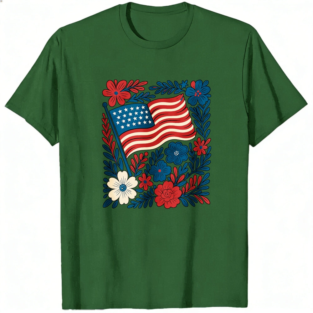 Patriotic Floral Design Classic T-Shirt American Flag And Flowers