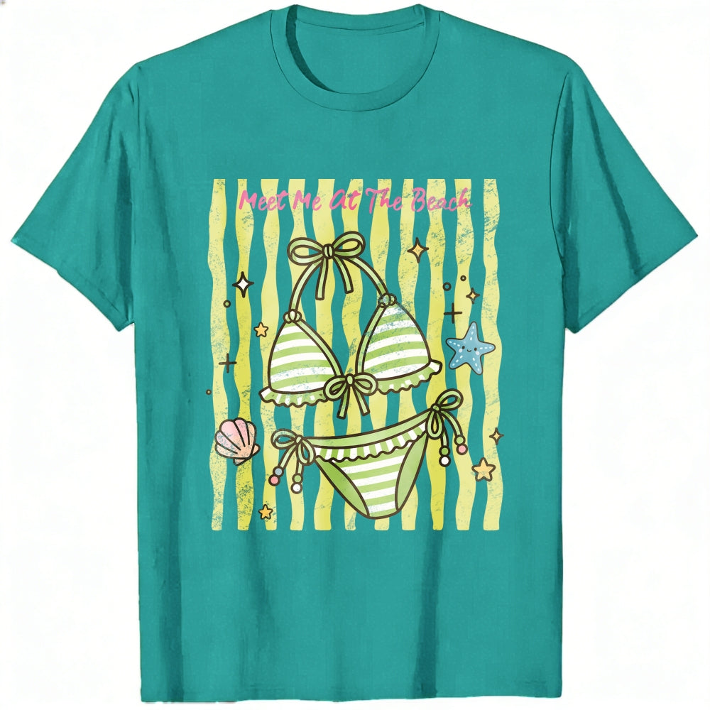 Cute Summer Beach Bikini Graphic Classic T-Shirt Meet Me At The Beach Striped Seashell Starfish Desi