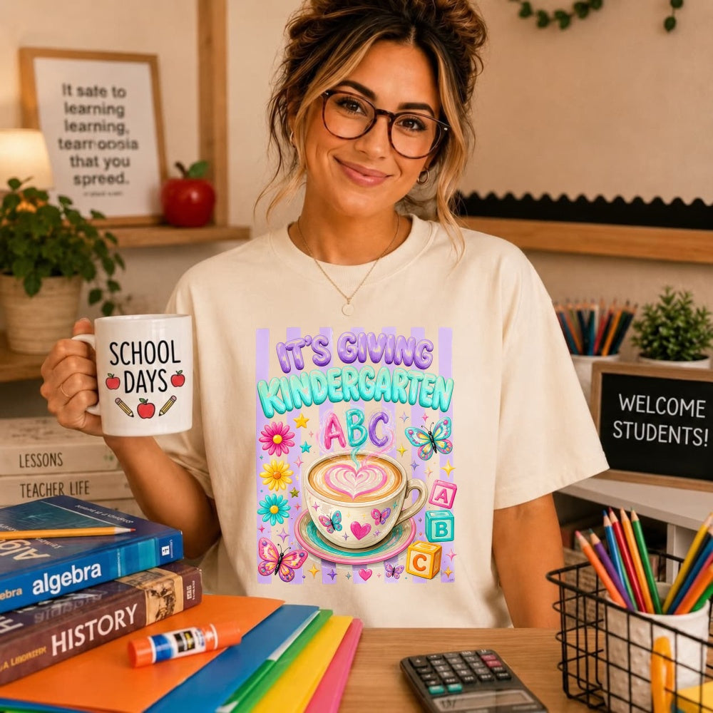 Cute Kindergarten Teacher Classic T-Shirt Its Giving Kindergarten Abc Coffee Butterfly Flowers Desig