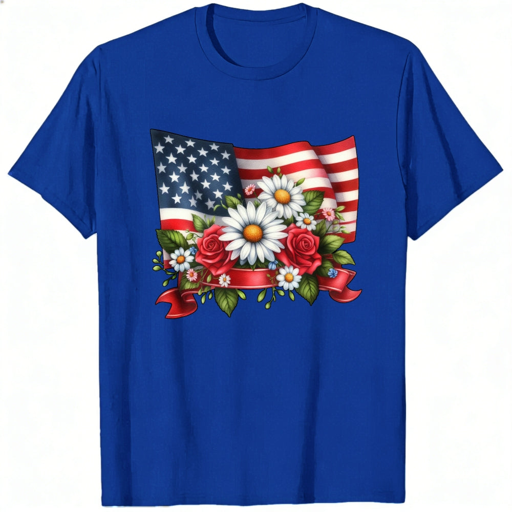 Patriotic American Flag And Flowers Classic T-Shirt