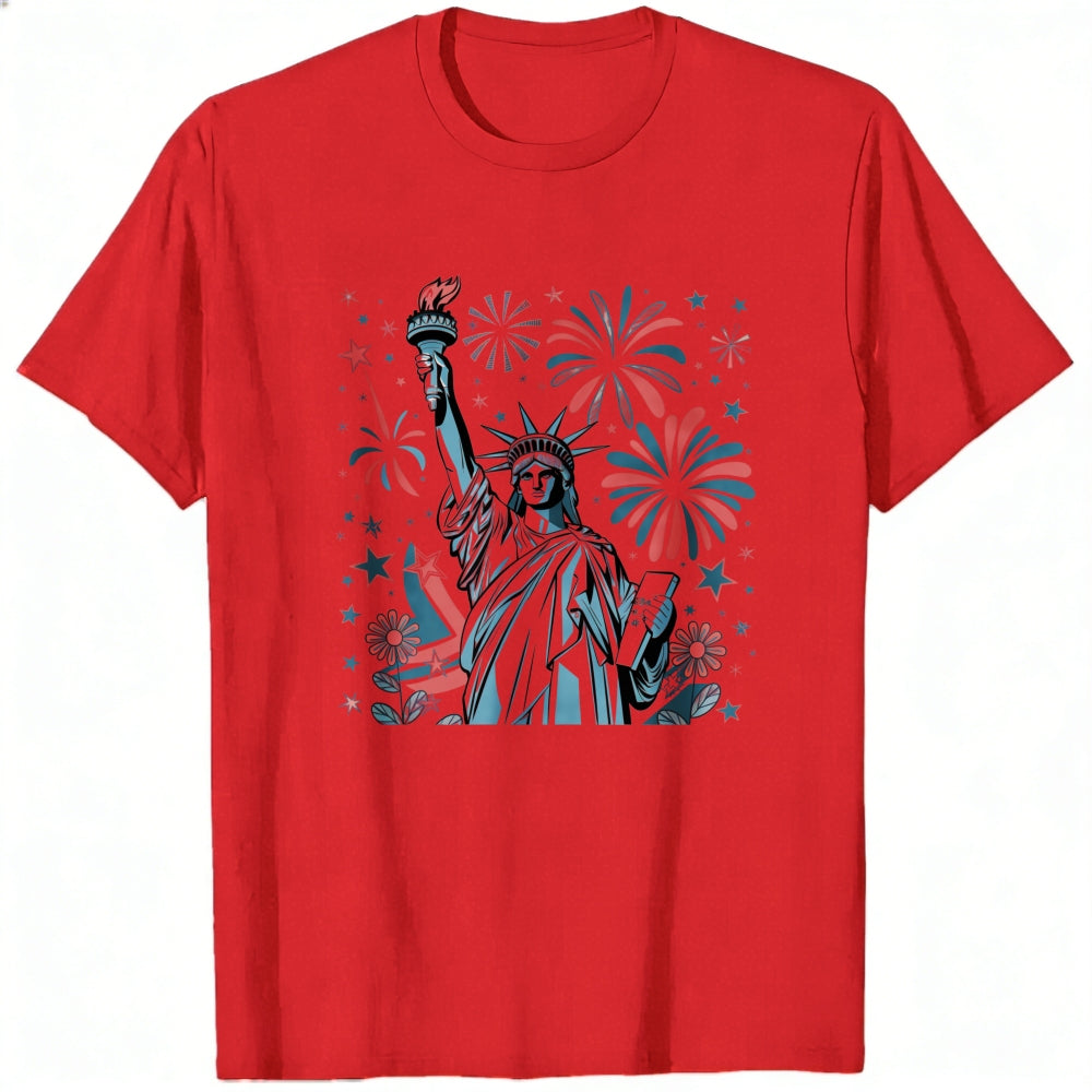 American Patriotic Design Classic T-Shirt Statue Of Liberty Fireworks Stars And Flowers