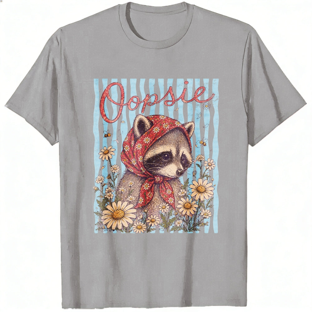 Vintage Style Classic T-Shirt Oopsie Raccoon With Red Bandana And Daisy Flowers