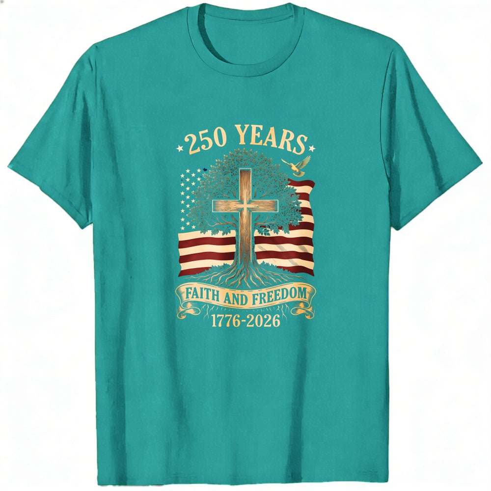 Patriotic Christian American Flag Cross Tree 250 Years Faith And Freedom 1776 2026 Classic T-Shirt