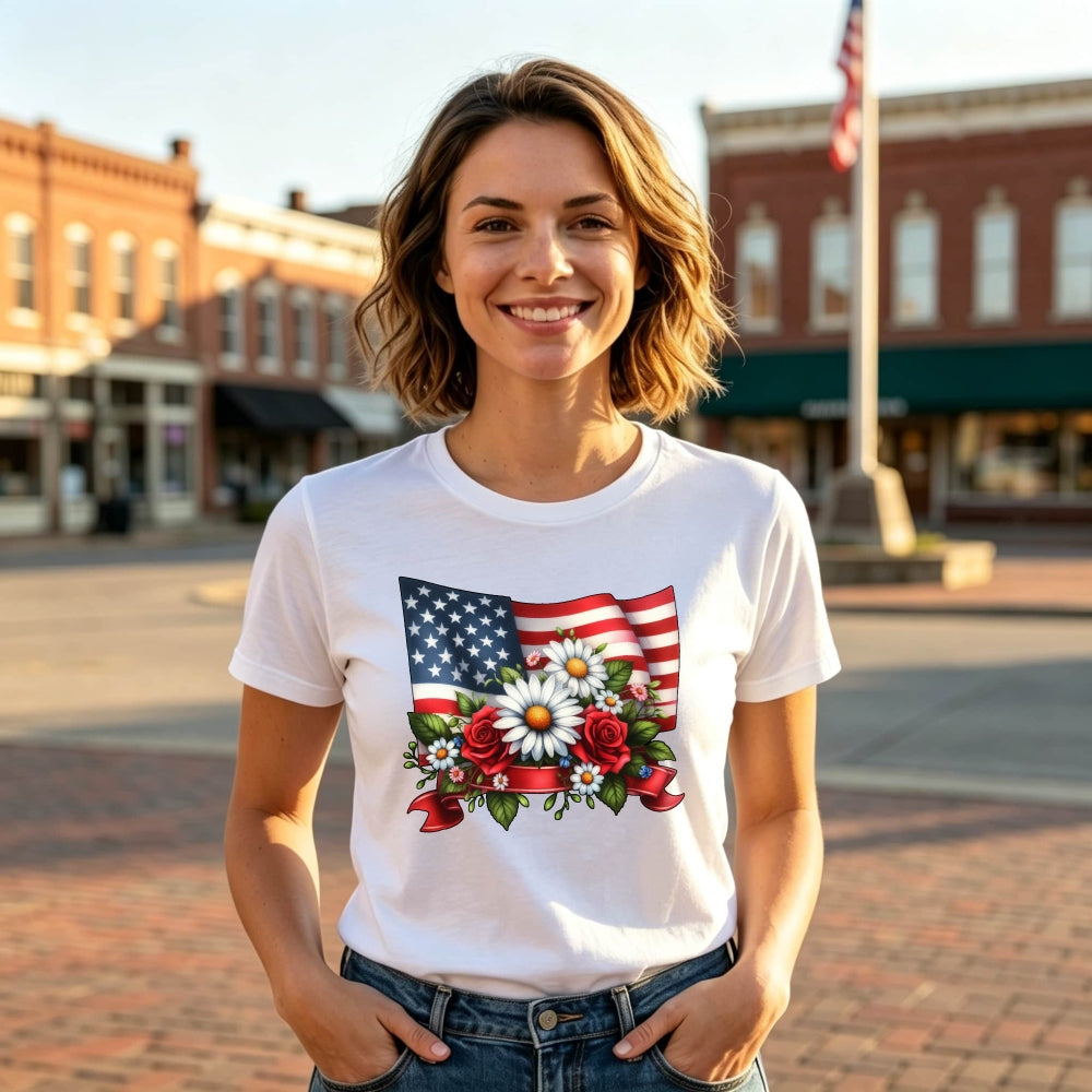 Patriotic American Flag And Flowers Classic T-Shirt