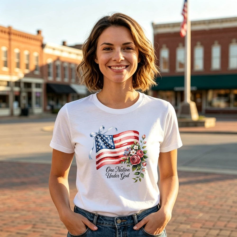 Patriotic American Flag Floral Design Classic T-Shirt One Nation Under God