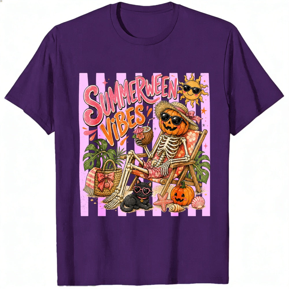 Retro Summer Halloween Vibes Skeleton Pumpkin Beach Classic T-Shirt