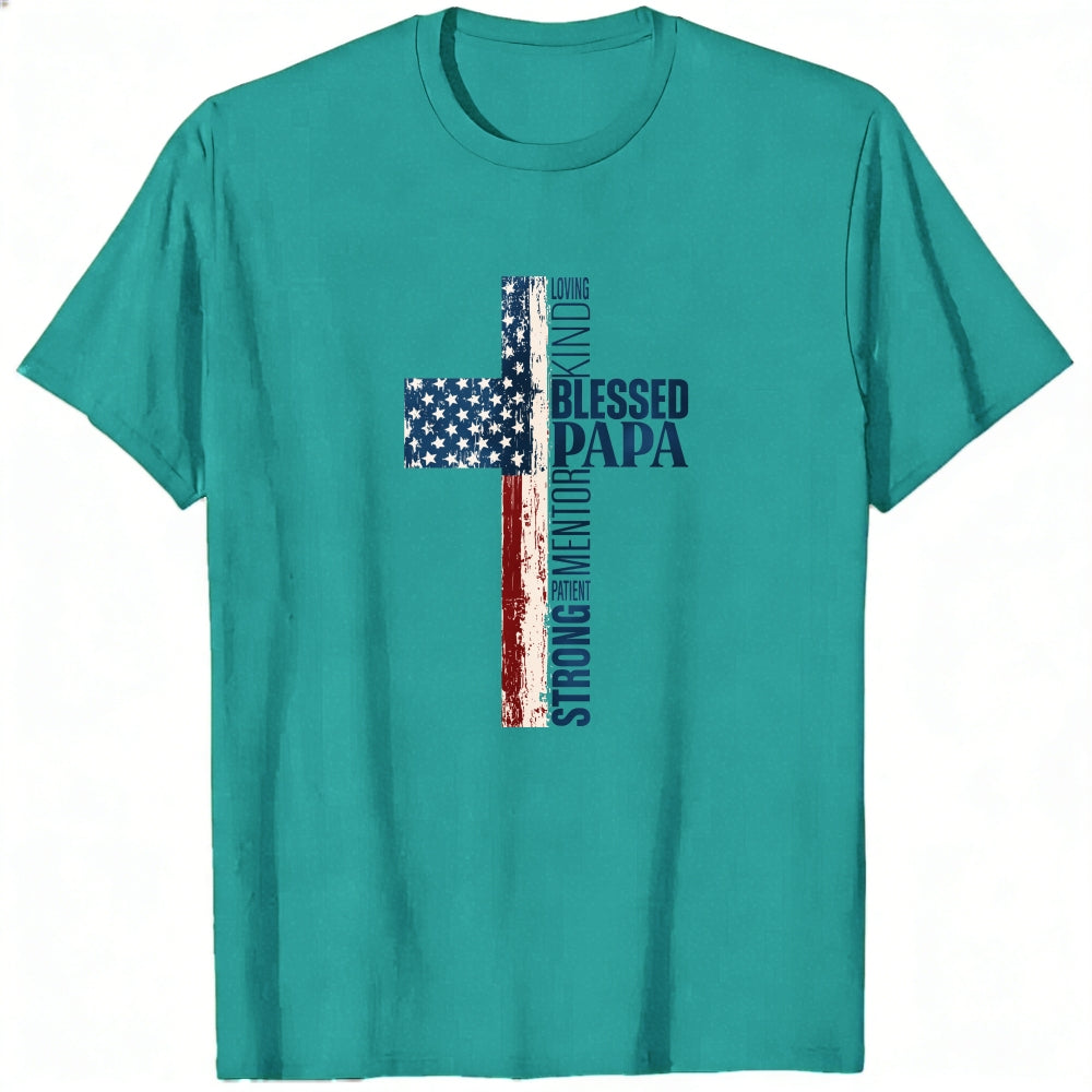 American Flag Cross Design Classic T-Shirt Blessed Papa Patriotic Christian Theme