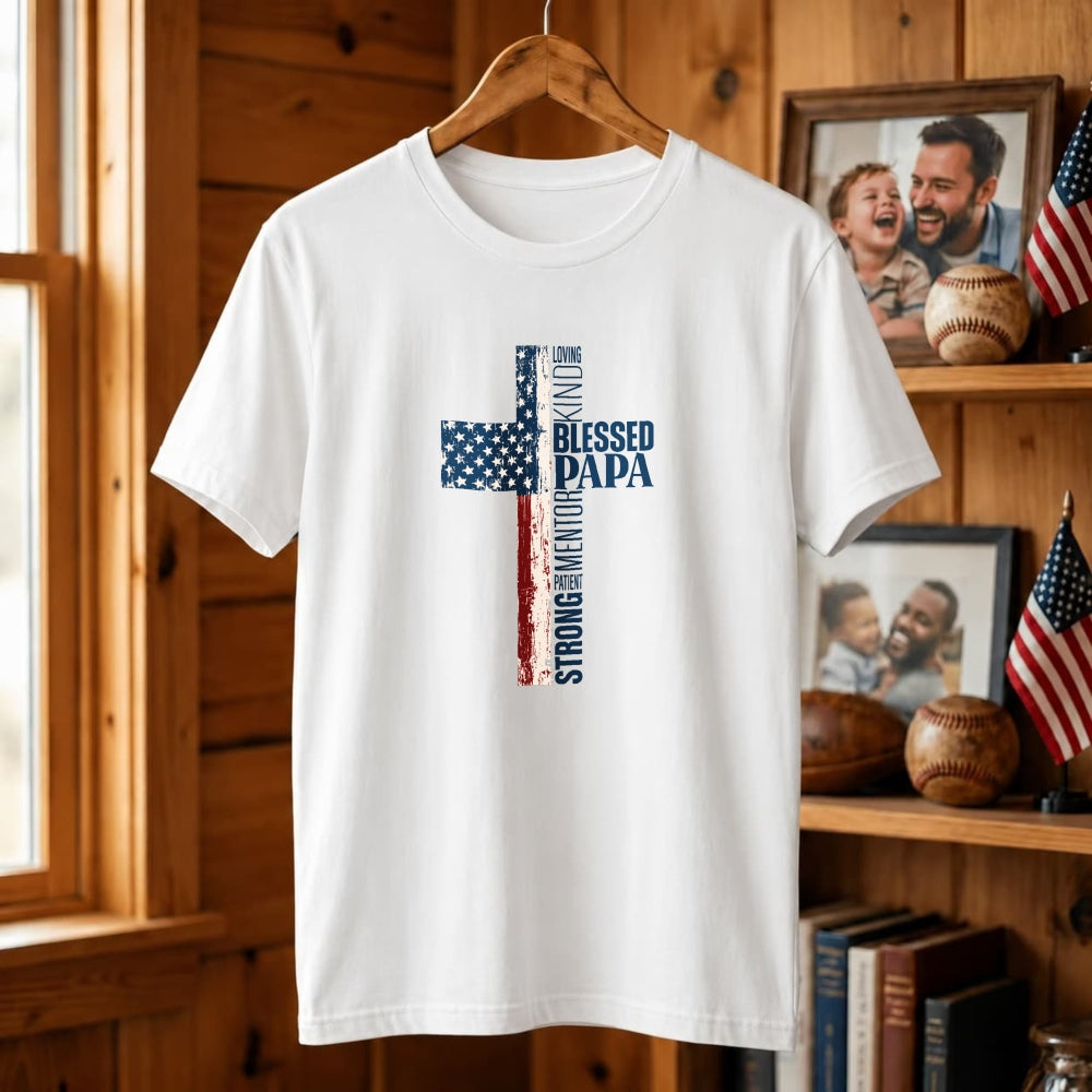 American Flag Cross Design Classic T-Shirt Blessed Papa Patriotic Christian Theme