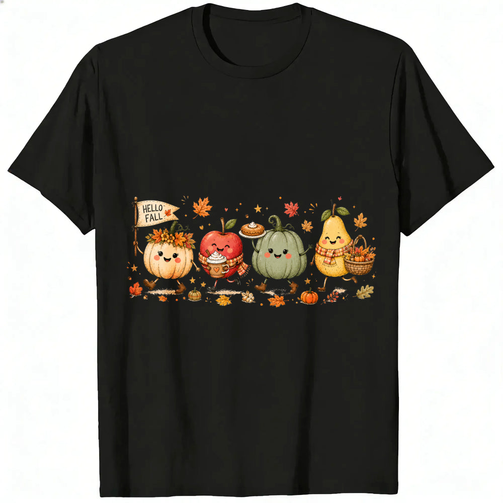 Cute Kawaii Autumn Harvest Pumpkin Apple Pear Classic T-Shirt Hello Fall Seasonal Fruit Vegetable De