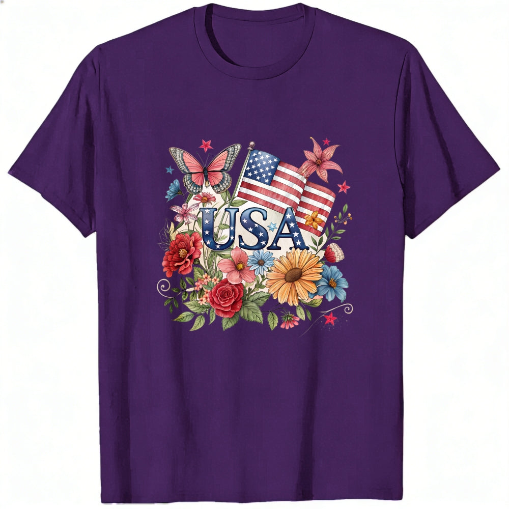 Patriotic Floral Design Classic T-Shirt Usa Flag And Flowers