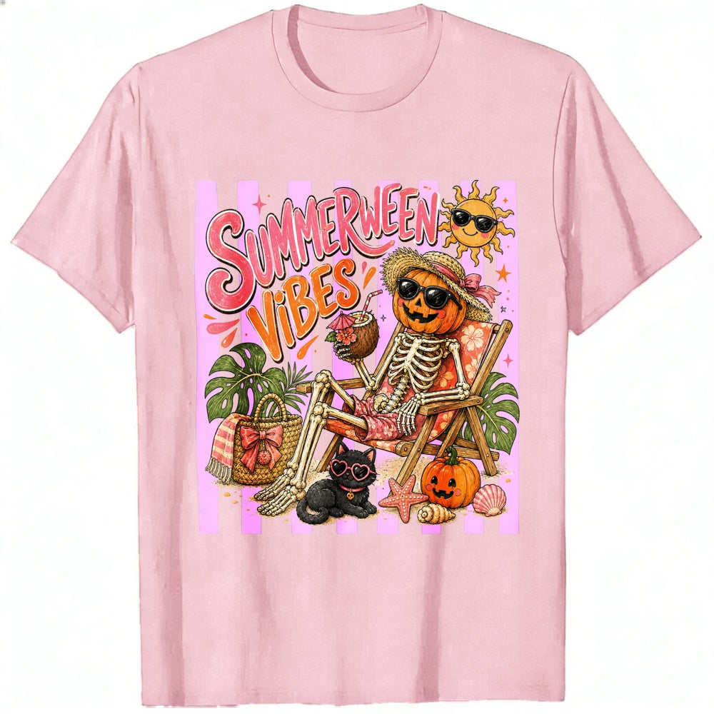 Retro Summer Halloween Vibes Skeleton Pumpkin Beach Classic T-Shirt