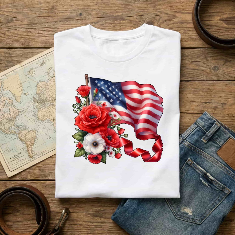 Patriotic American Flag And Flowers Classic T-Shirt