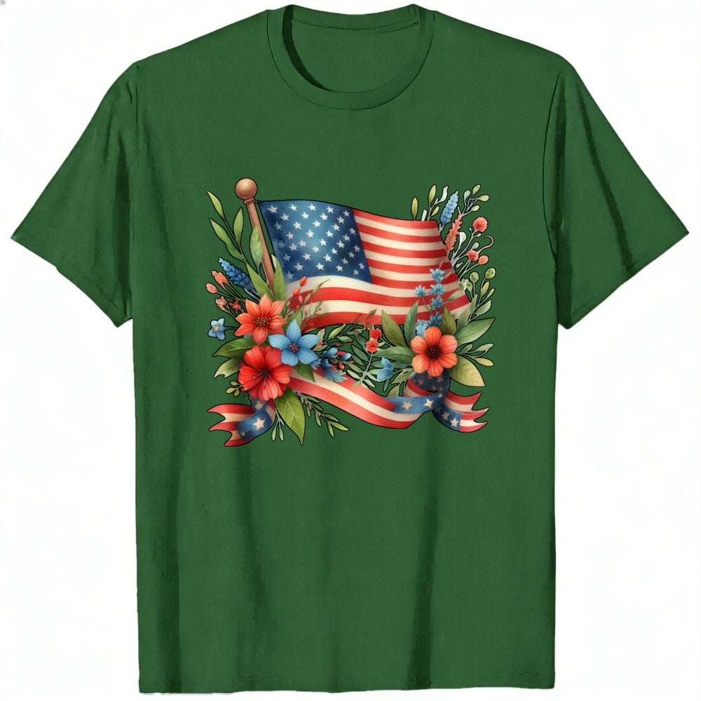 Patriotic Floral Design Classic T-Shirt American Flag And Flowers