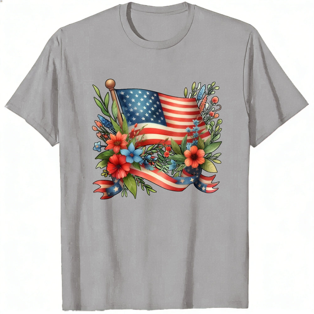 Patriotic Floral Design Classic T-Shirt American Flag And Flowers