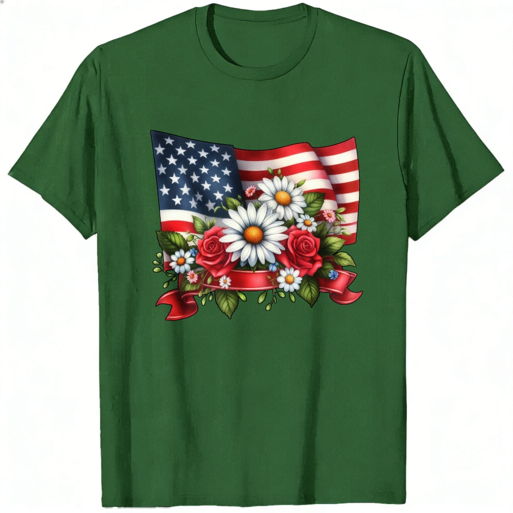 Patriotic American Flag And Flowers Classic T-Shirt
