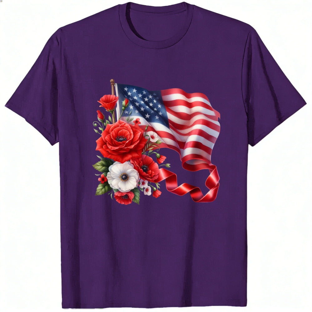 Patriotic American Flag And Flowers Classic T-Shirt