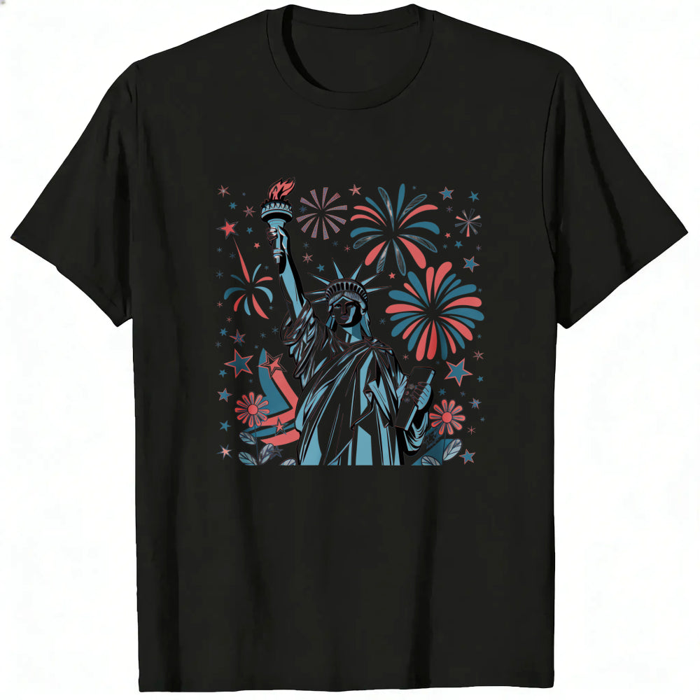 American Patriotic Design Classic T-Shirt Statue Of Liberty Fireworks Stars And Flowers