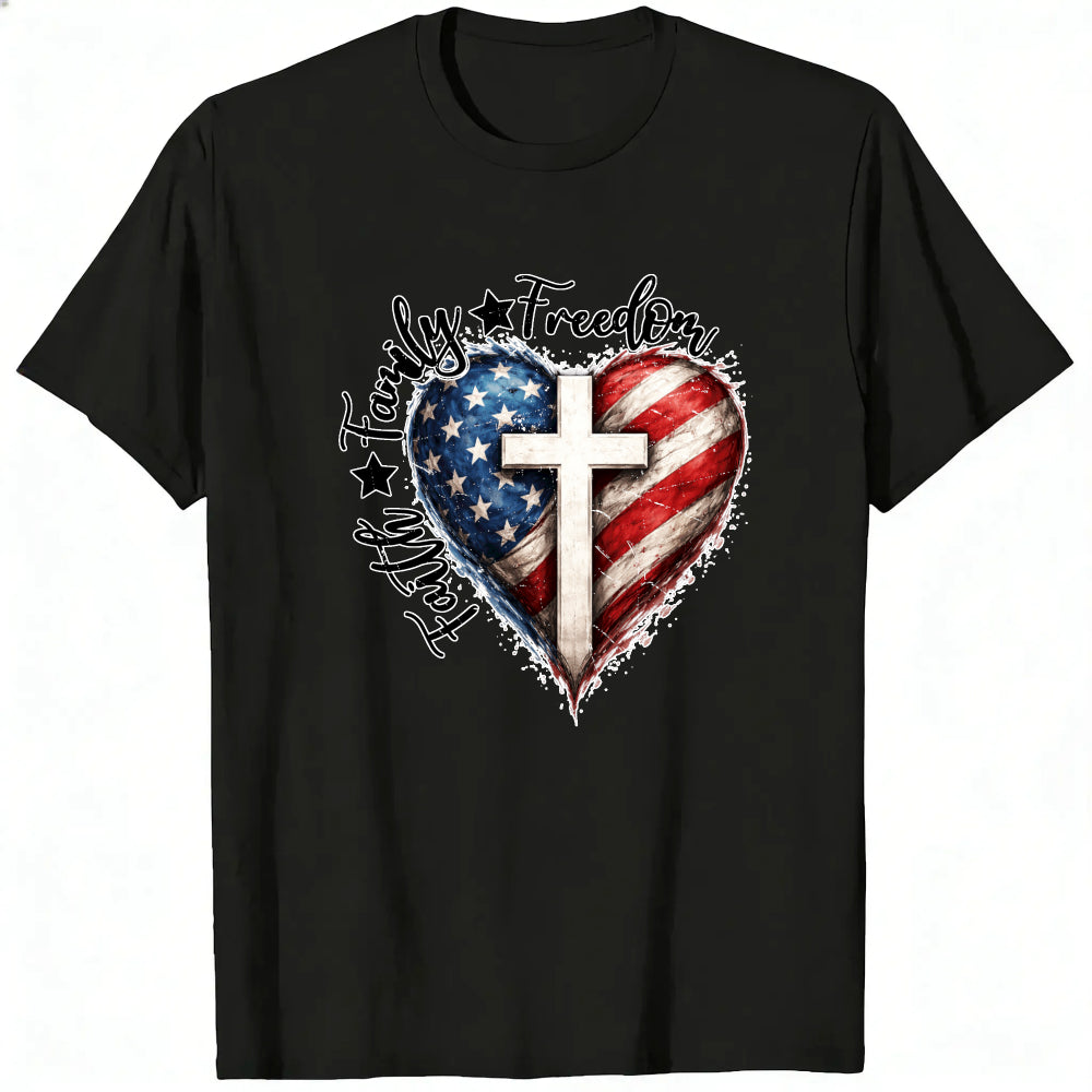Patriotic Heart With Cross And American Flag Classic T-Shirt Family Freedom