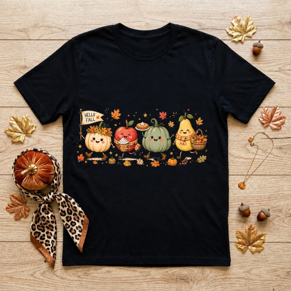 Cute Kawaii Autumn Harvest Pumpkin Apple Pear Classic T-Shirt Hello Fall Seasonal Fruit Vegetable De