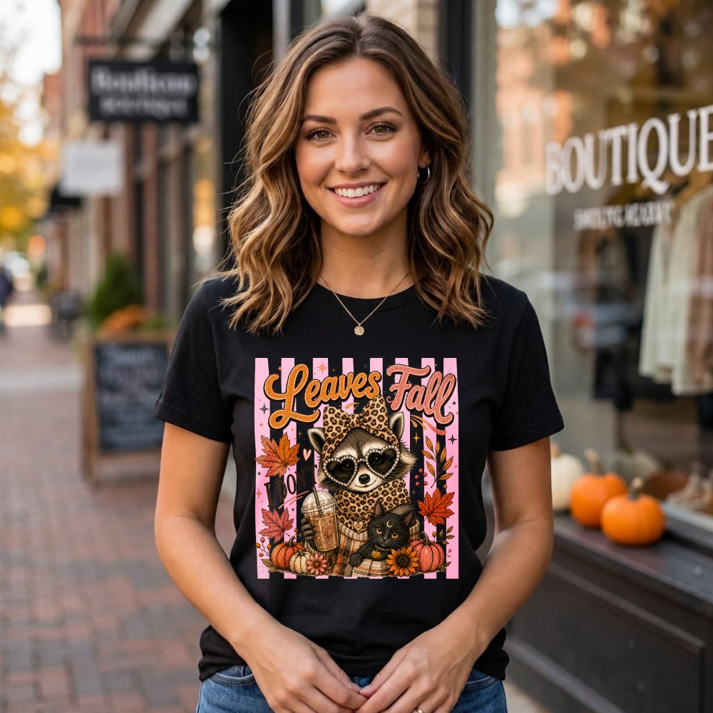 Cute Leopard Raccoon And Black Cat Autumn Leaves Fall Classic T-Shirt
