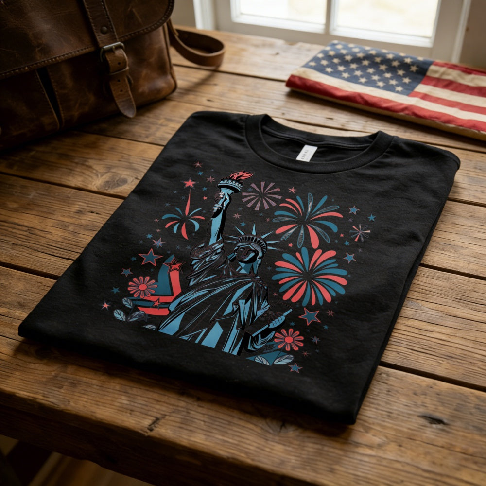 American Patriotic Design Classic T-Shirt Statue Of Liberty Fireworks Stars And Flowers