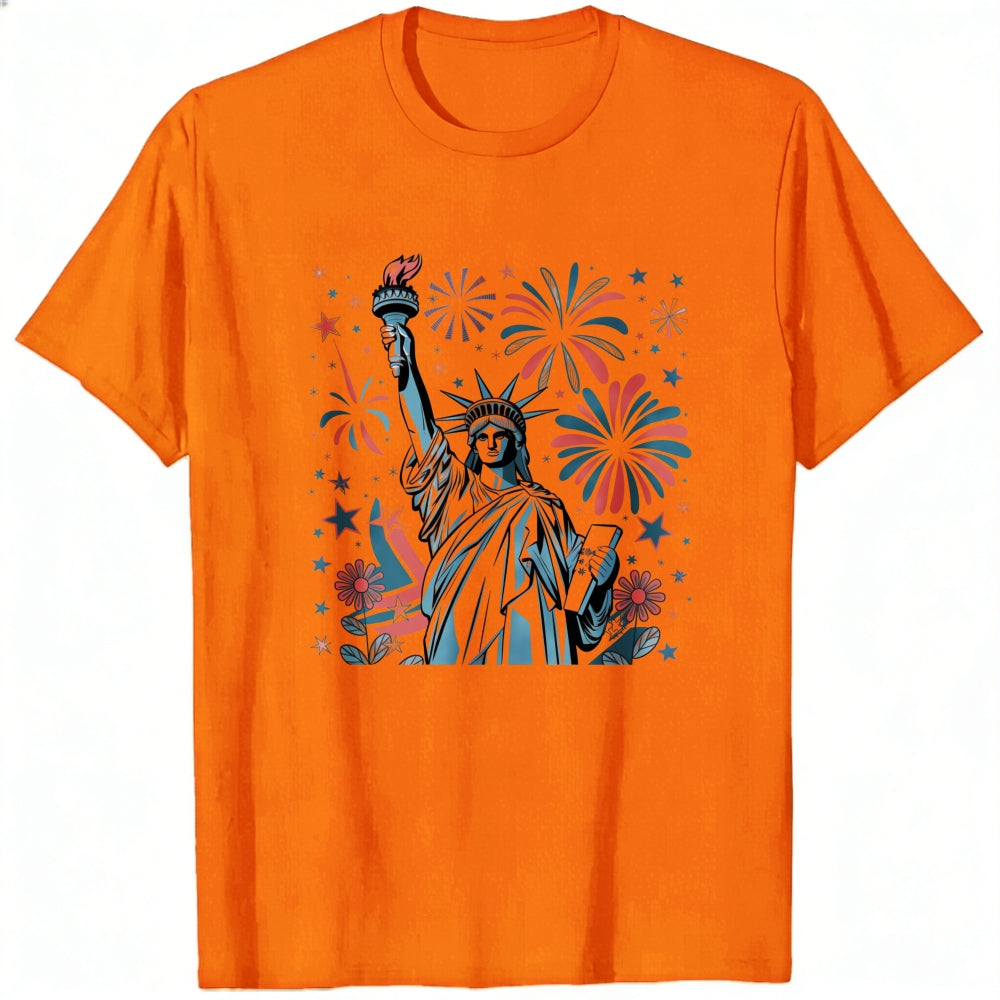 American Patriotic Design Classic T-Shirt Statue Of Liberty Fireworks Stars And Flowers
