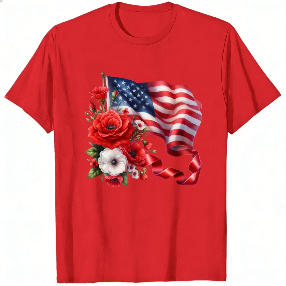 Patriotic American Flag And Flowers Classic T-Shirt