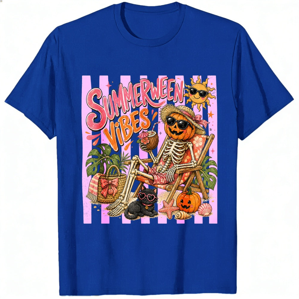 Retro Summer Halloween Vibes Skeleton Pumpkin Beach Classic T-Shirt
