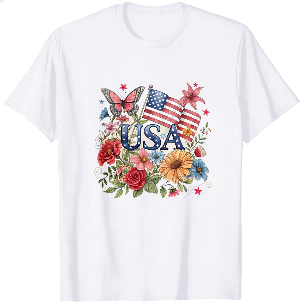 Patriotic Floral Design Classic T-Shirt Usa Flag And Flowers