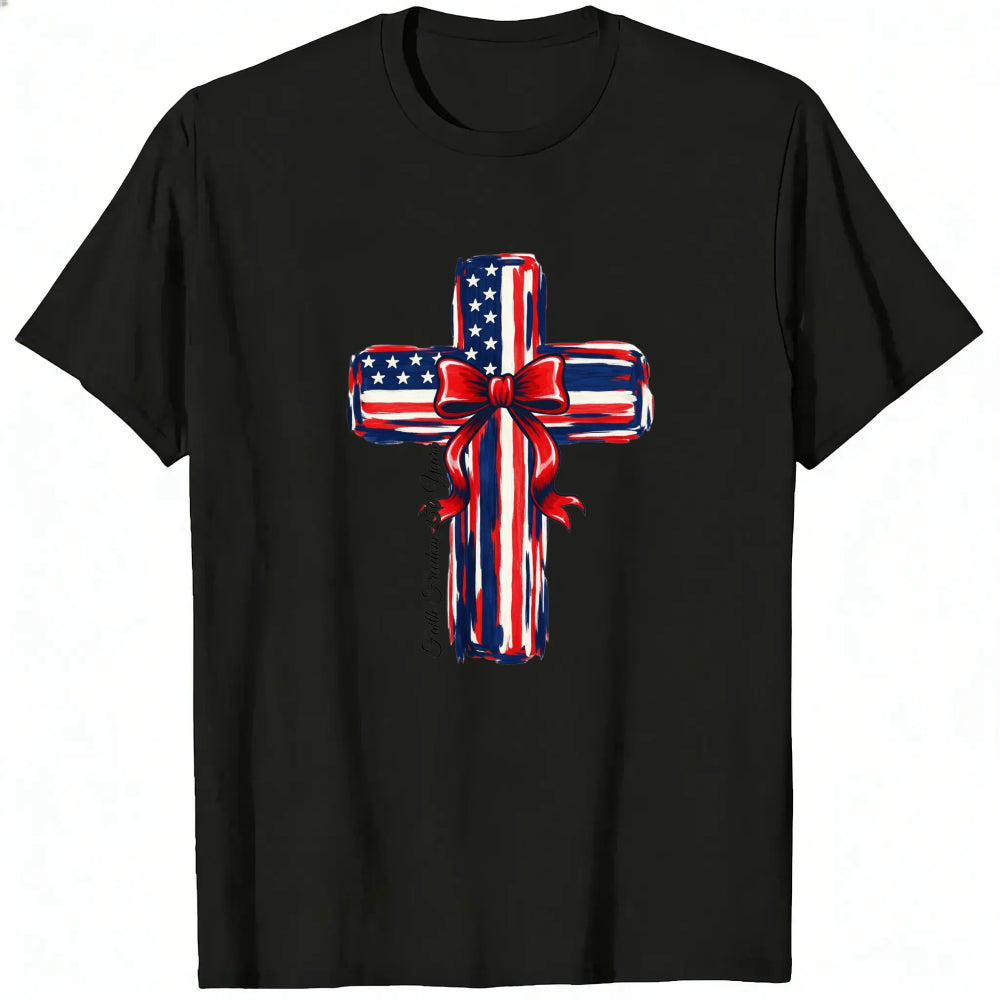 Patriotic Cross Design Classic T-Shirt American Flag Pattern With Red Bow And Inspirational Text