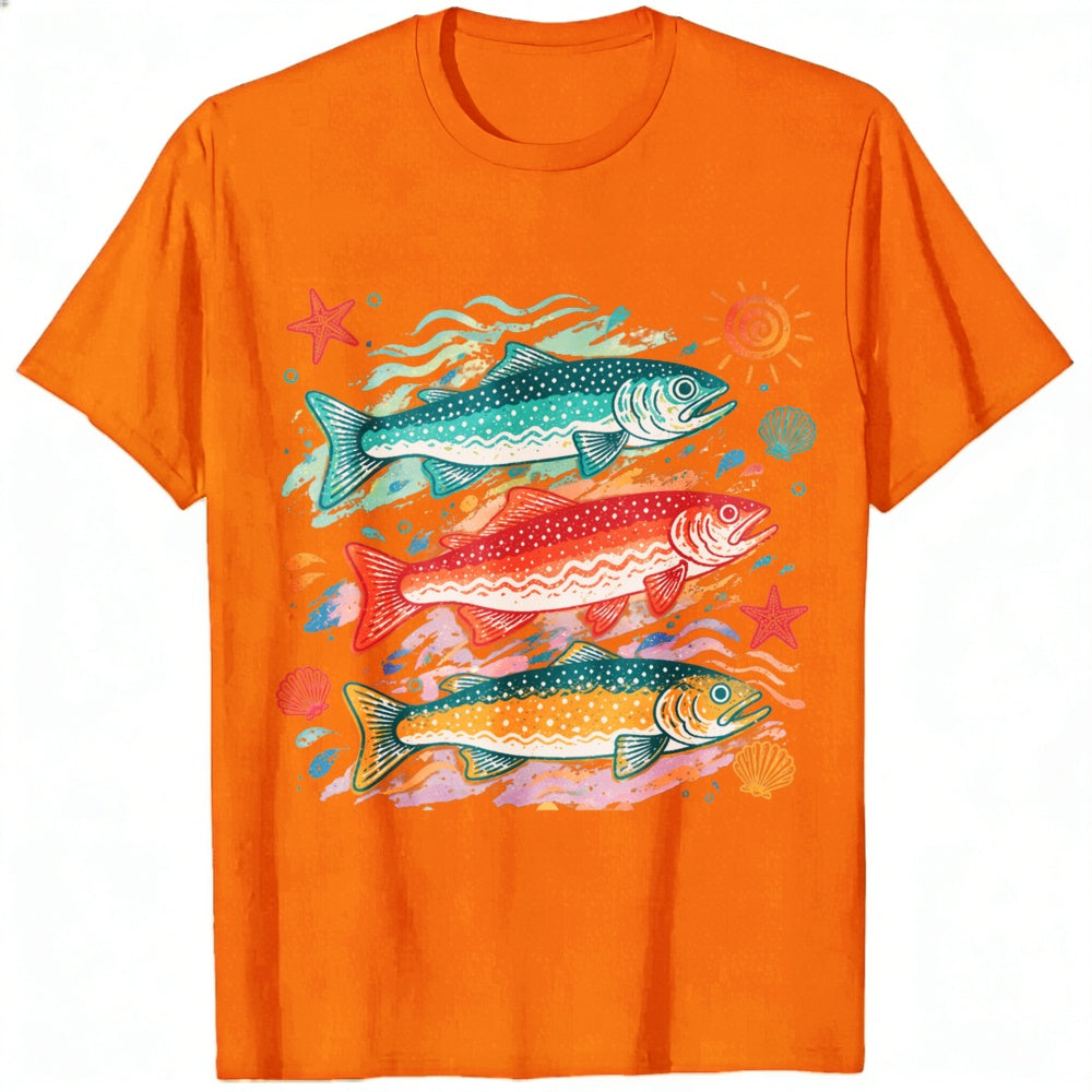 Vintage Style Classic T-Shirt Colorful Trout Fish And Sea Stars Ocean Art