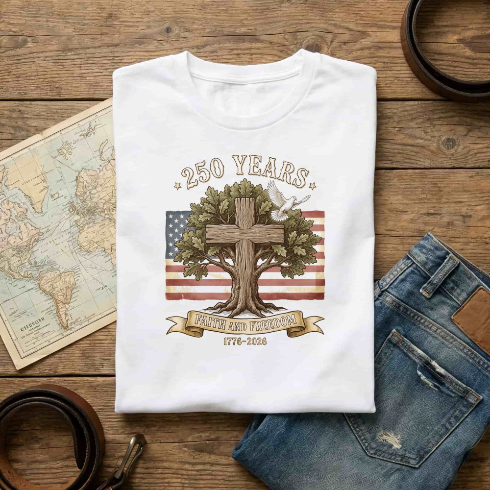 Patriotic American Flag Tree Cross Classic T-Shirt Faith And Freedom 250 Years 1776 2026