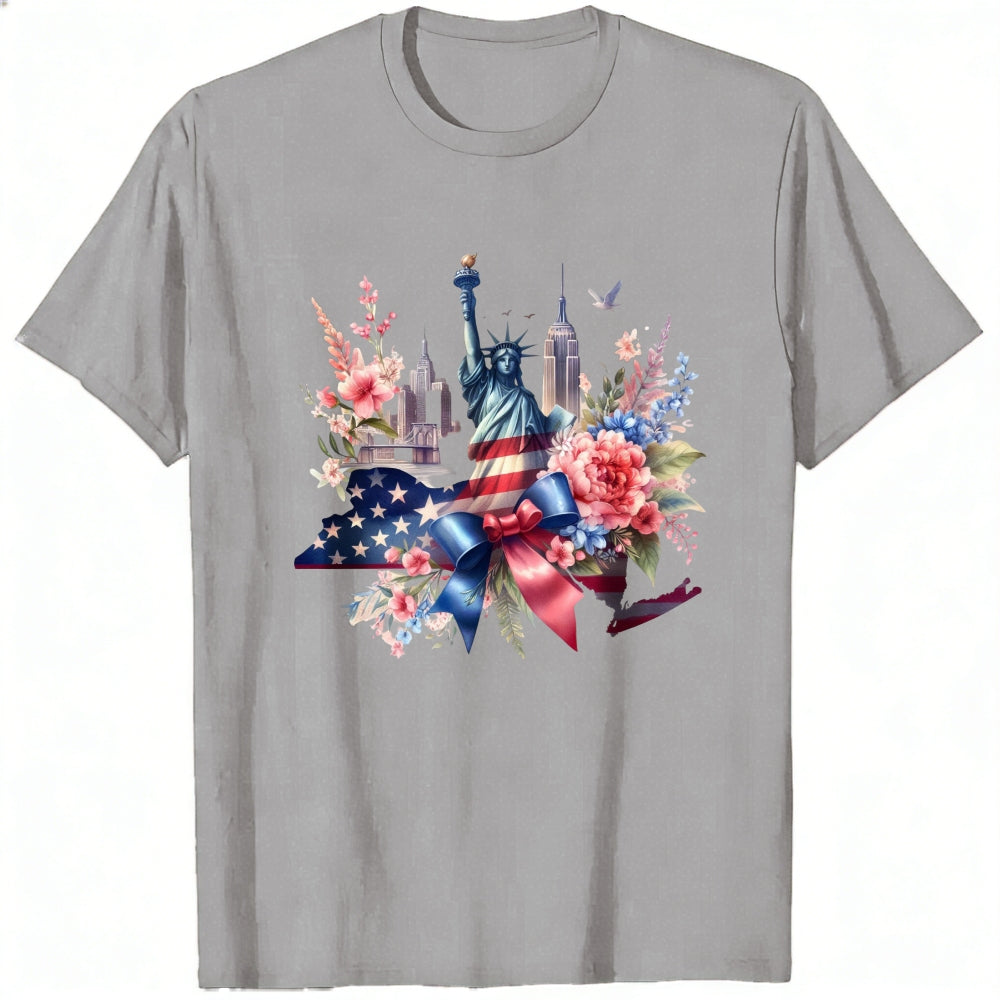 Patriotic Floral Design Classic T-Shirt Statue Of Liberty And American Flag With Flowers And Cityscape