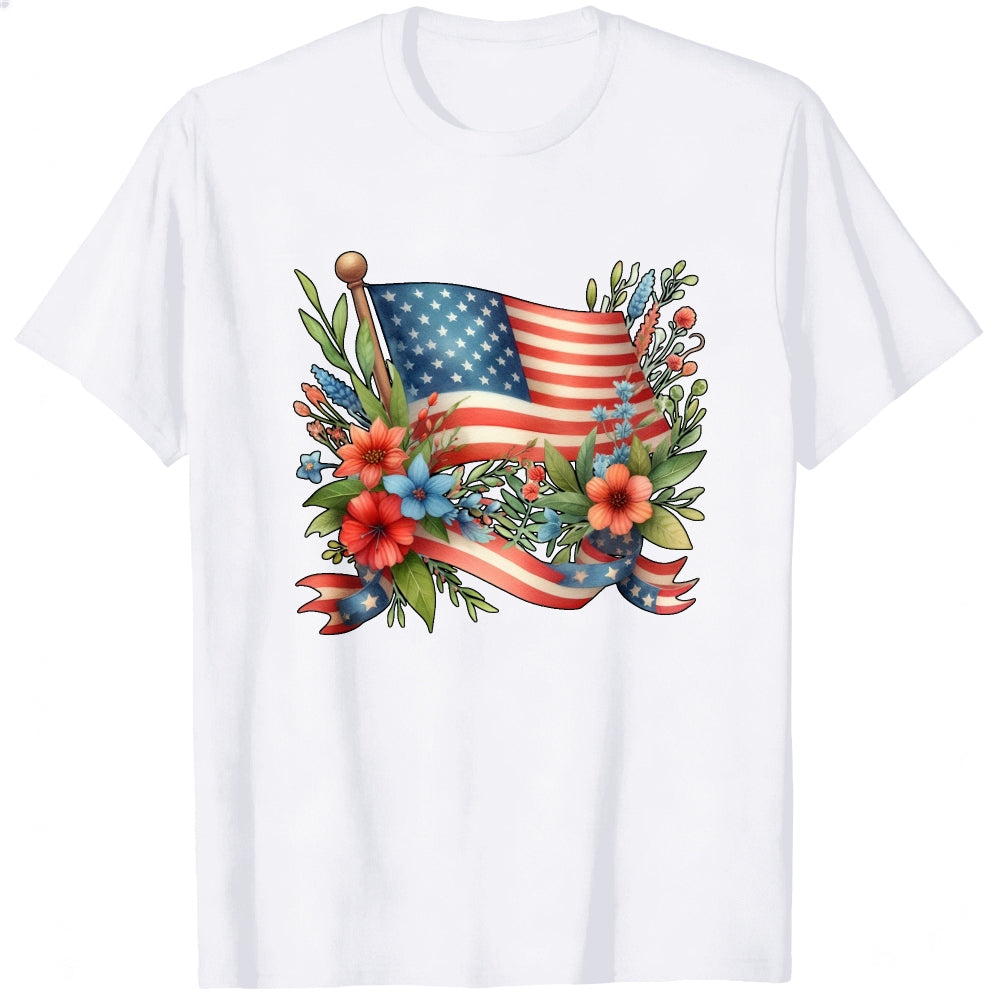 Patriotic Floral Design Classic T-Shirt American Flag And Flowers