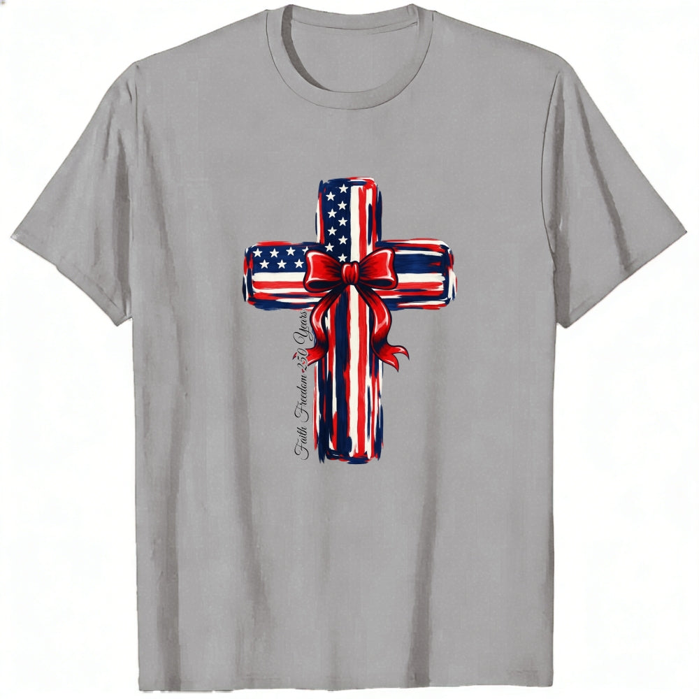 Patriotic Cross Design Classic T-Shirt American Flag Pattern With Red Bow And Inspirational Text