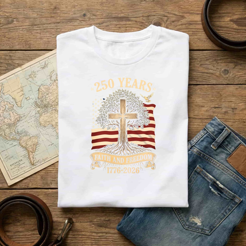 Patriotic Christian American Flag Cross Tree 250 Years Faith And Freedom 1776 2026 Classic T-Shirt