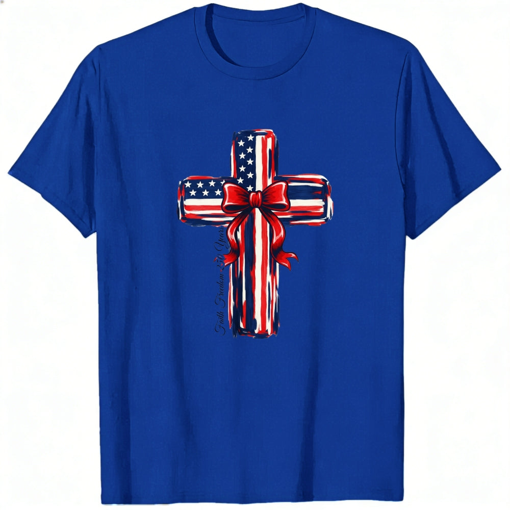 Patriotic Cross Design Classic T-Shirt American Flag Pattern With Red Bow And Inspirational Text