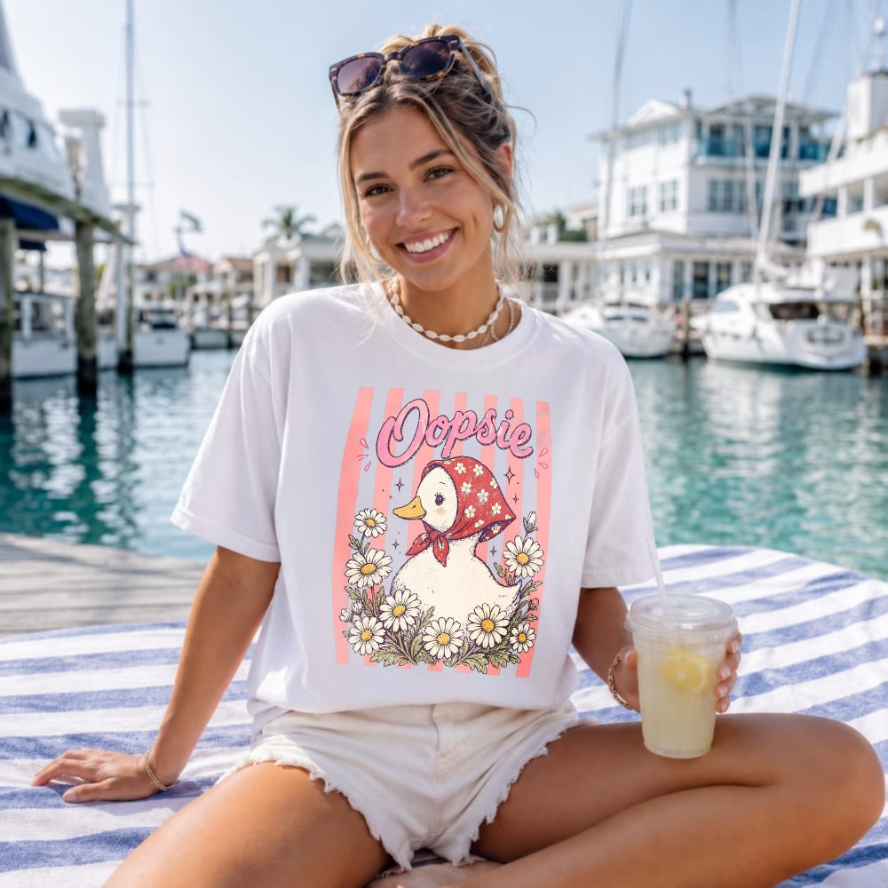 Cute Vintage Style Classic T-Shirt Oopsie Duck With Daisy Flowers And Red Bandana