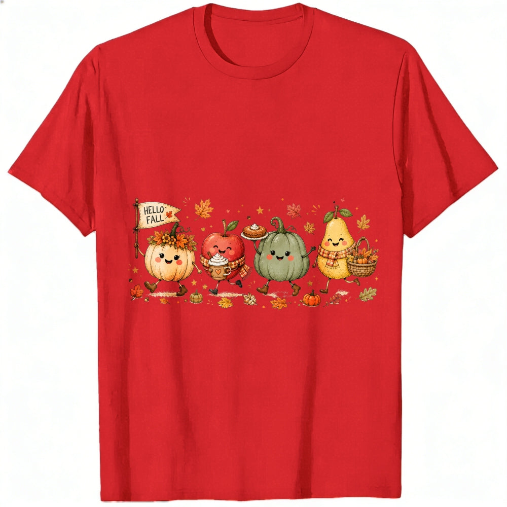 Cute Kawaii Autumn Harvest Pumpkin Apple Pear Classic T-Shirt Hello Fall Seasonal Fruit Vegetable De