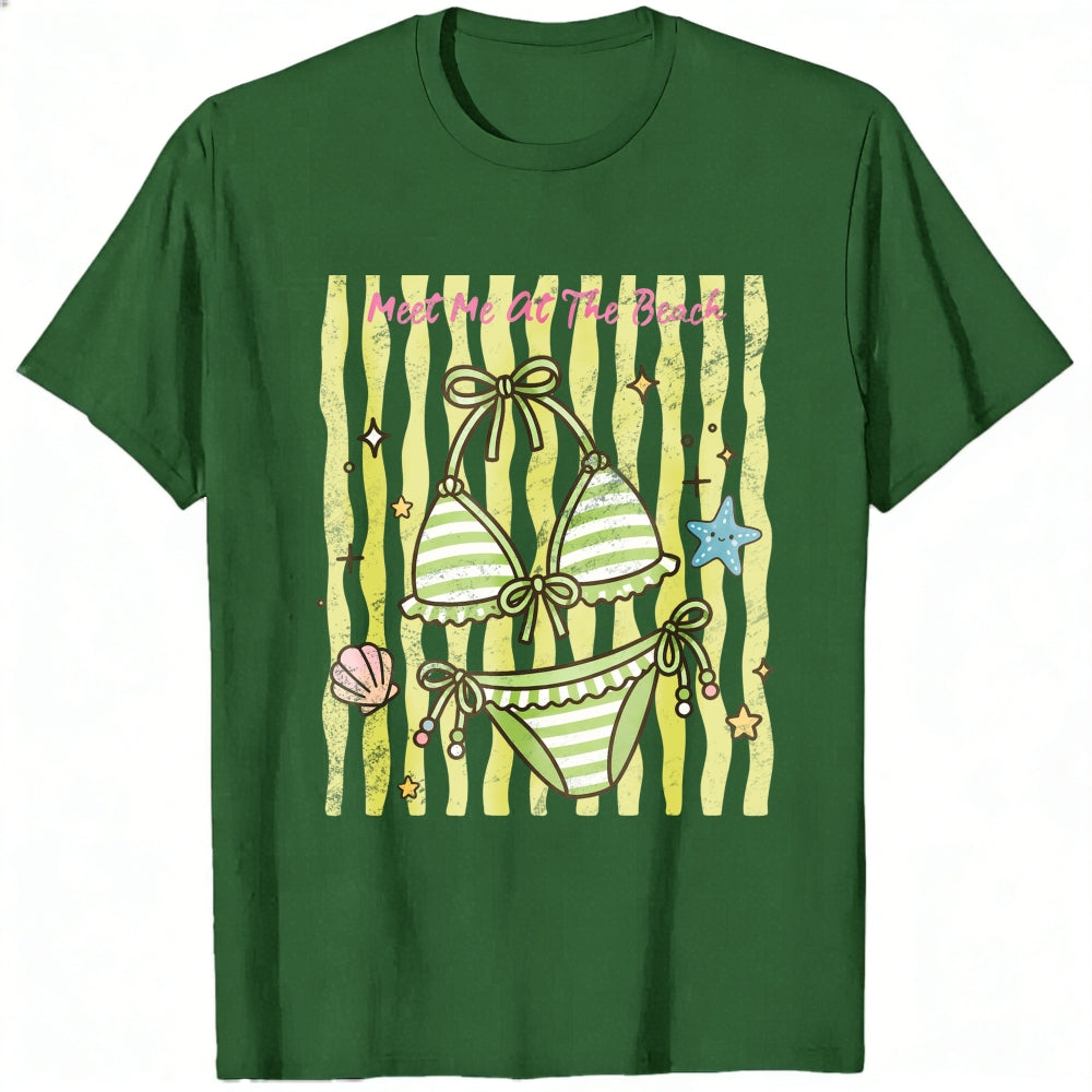 Cute Summer Beach Bikini Graphic Classic T-Shirt Meet Me At The Beach Striped Seashell Starfish Desi