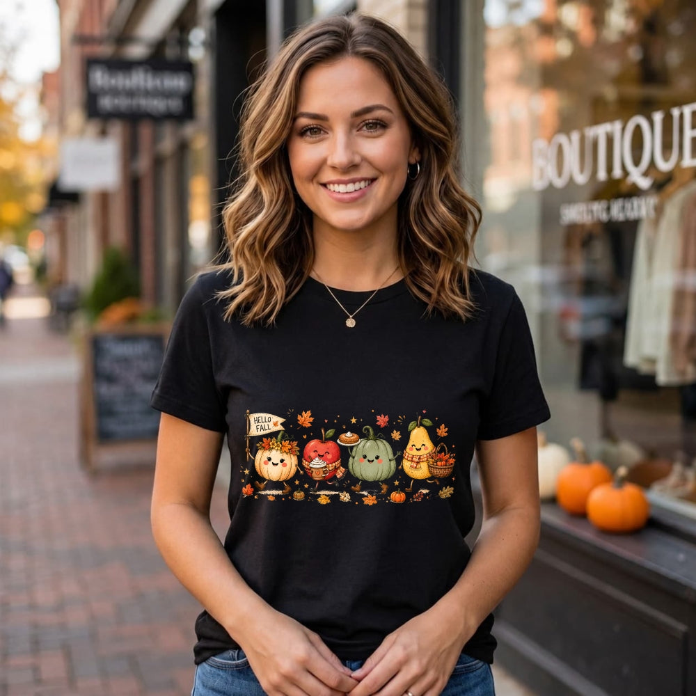 Cute Kawaii Autumn Harvest Pumpkin Apple Pear Classic T-Shirt Hello Fall Seasonal Fruit Vegetable De