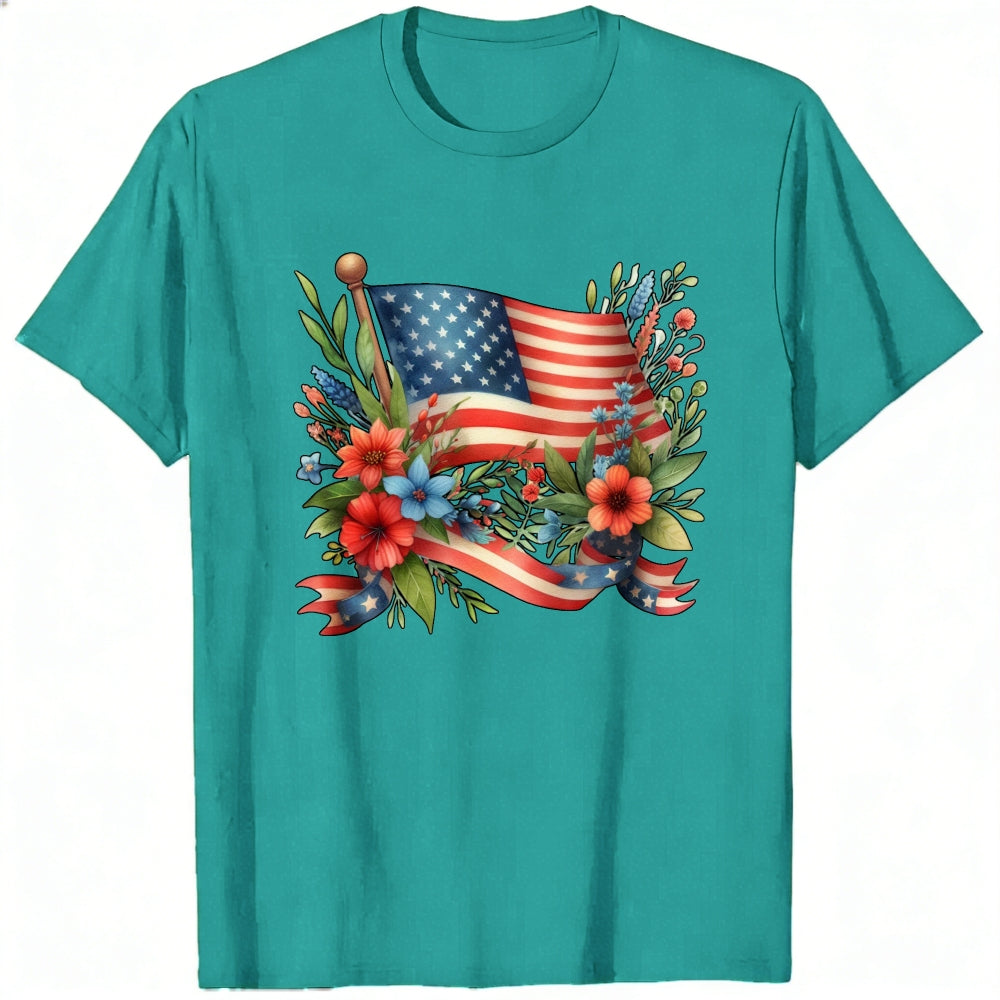 Patriotic Floral Design Classic T-Shirt American Flag And Flowers