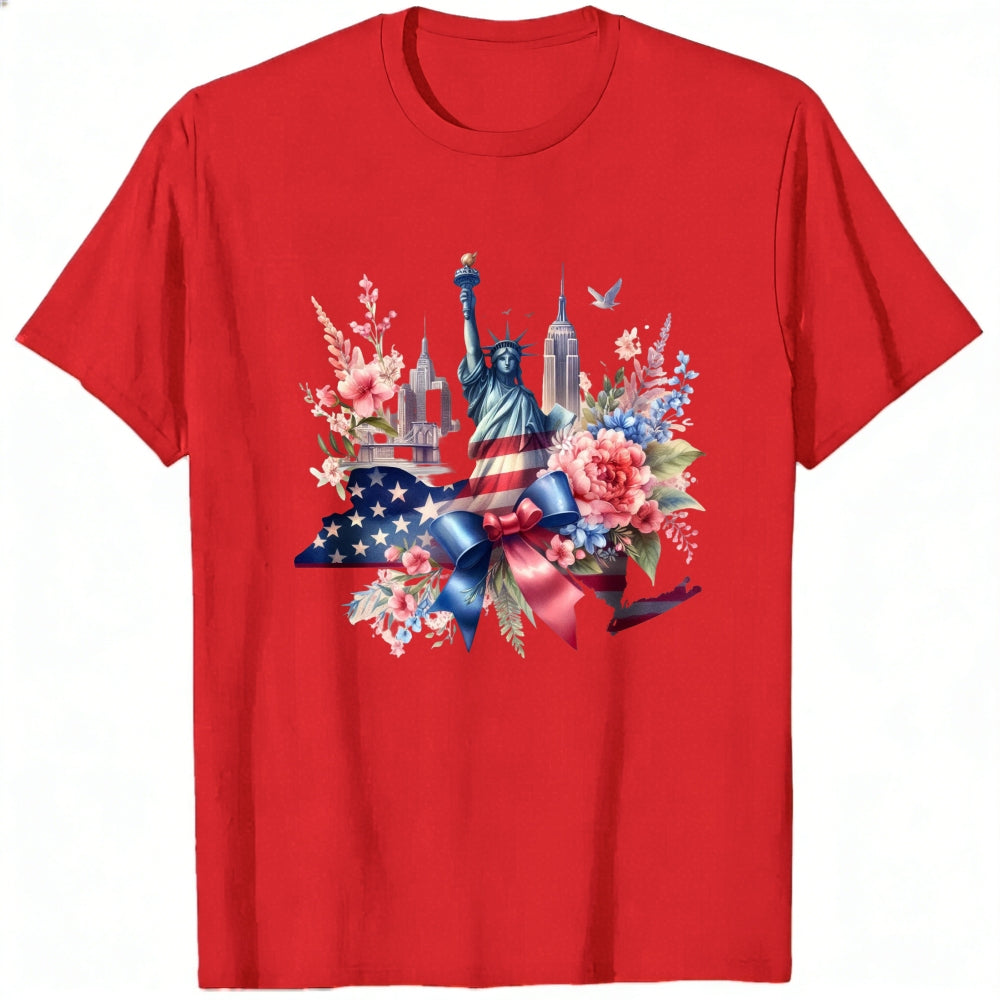 Patriotic Floral Design Classic T-Shirt Statue Of Liberty And American Flag With Flowers And Cityscape