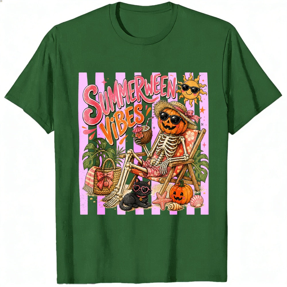 Retro Summer Halloween Vibes Skeleton Pumpkin Beach Classic T-Shirt