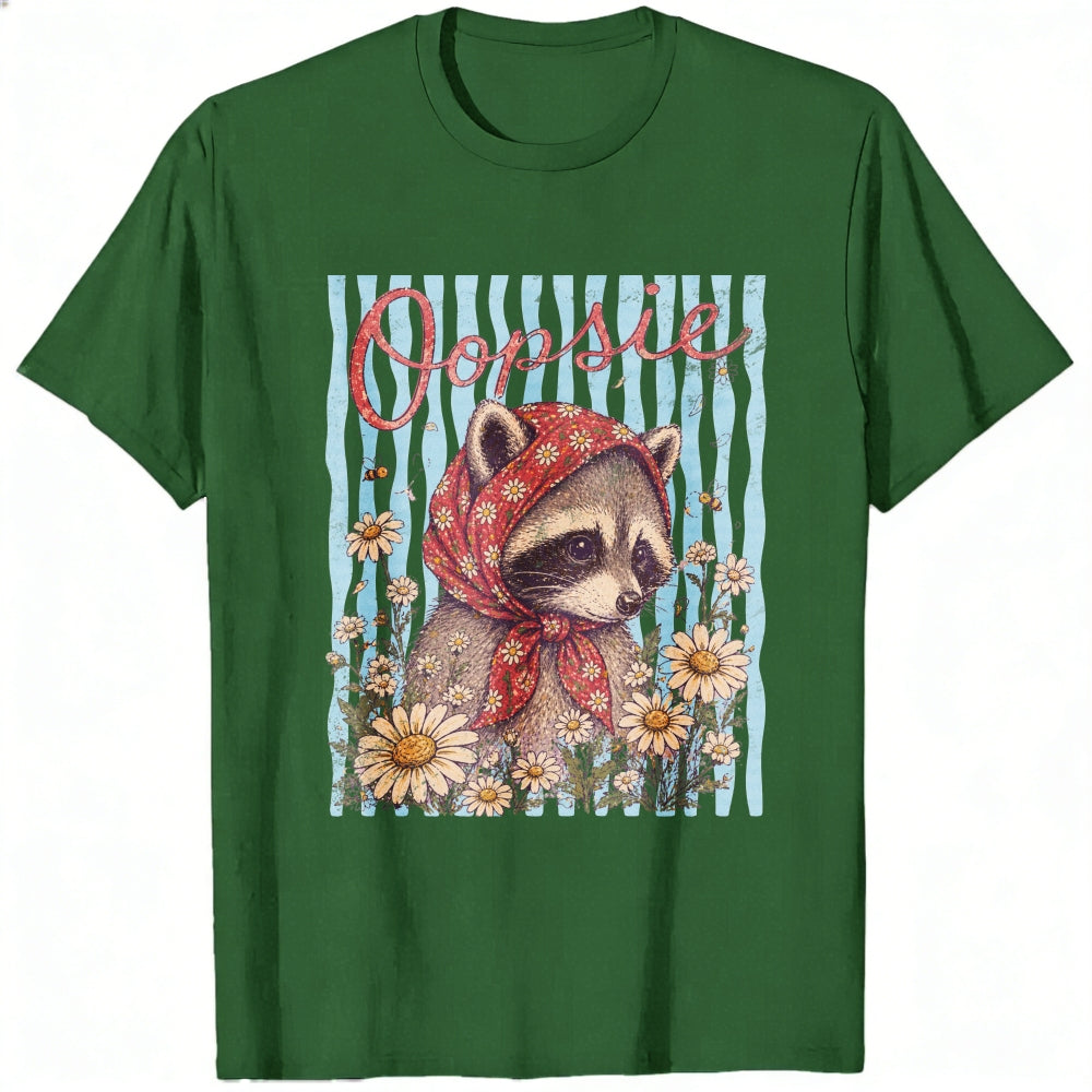 Vintage Style Classic T-Shirt Oopsie Raccoon With Red Bandana And Daisy Flowers