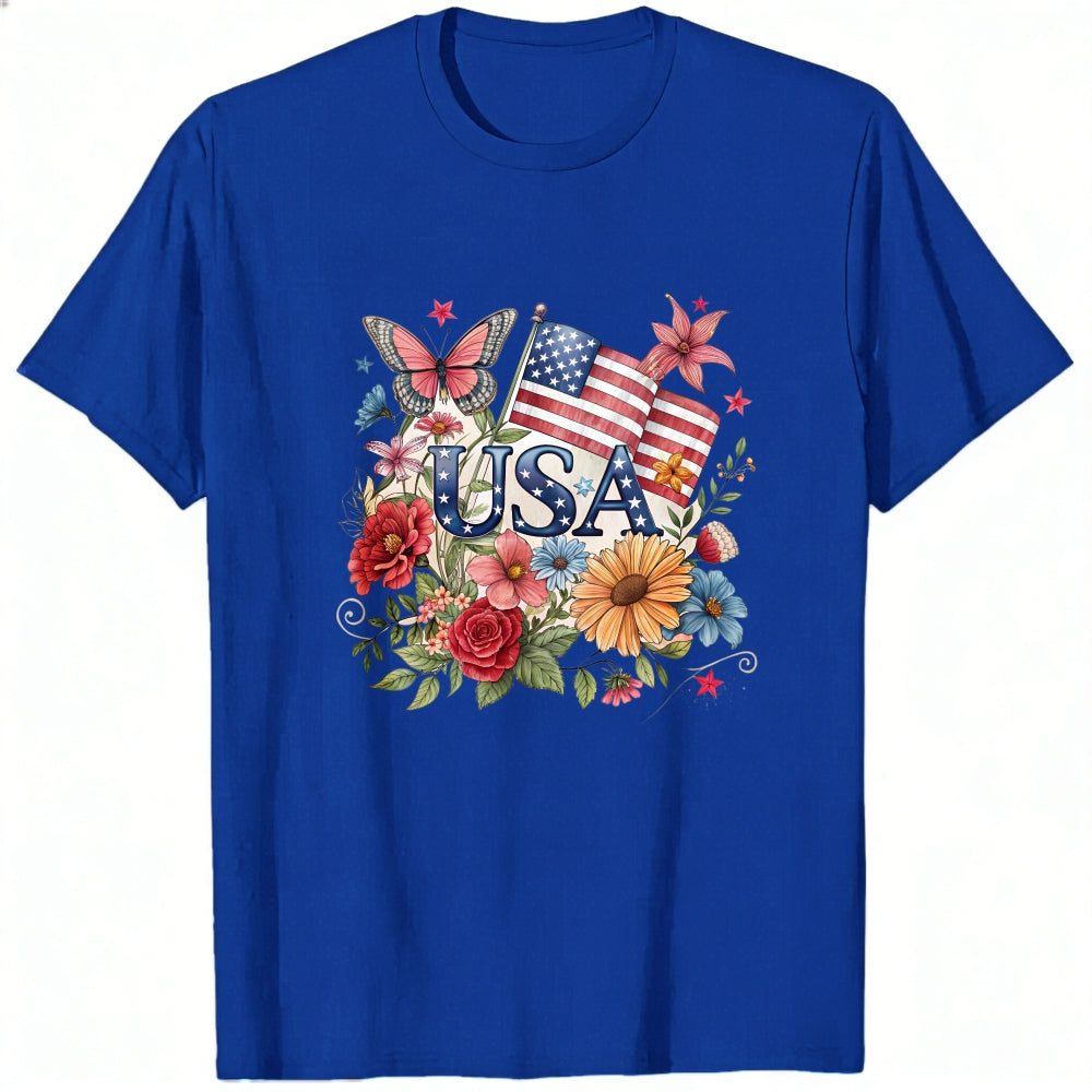 Patriotic Floral Design Classic T-Shirt Usa Flag And Flowers