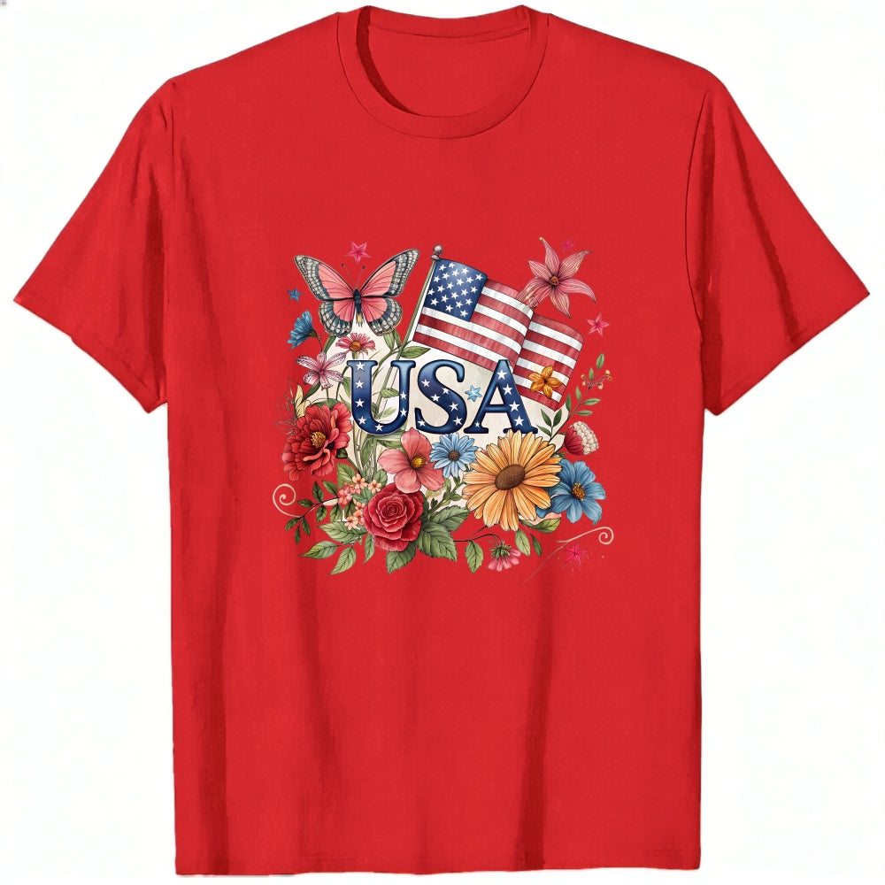 Patriotic Floral Design Classic T-Shirt Usa Flag And Flowers