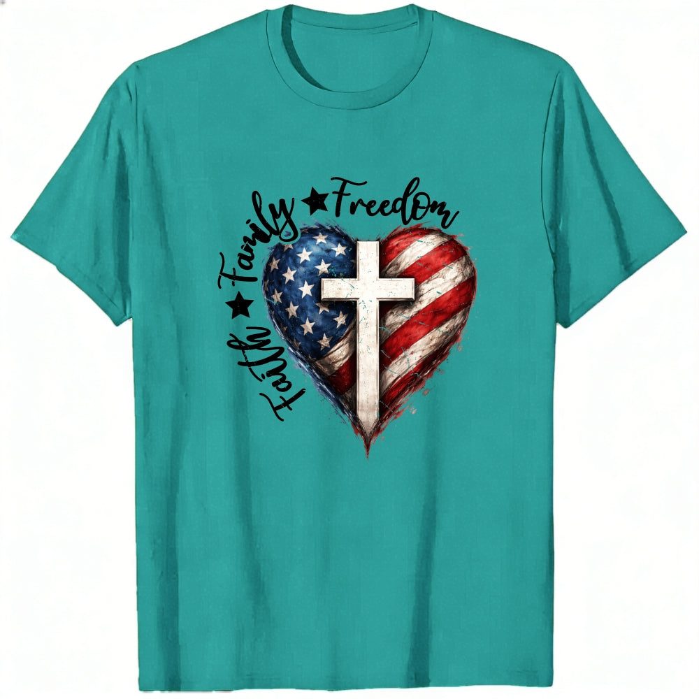 Patriotic Heart With Cross And American Flag Classic T-Shirt Family Freedom