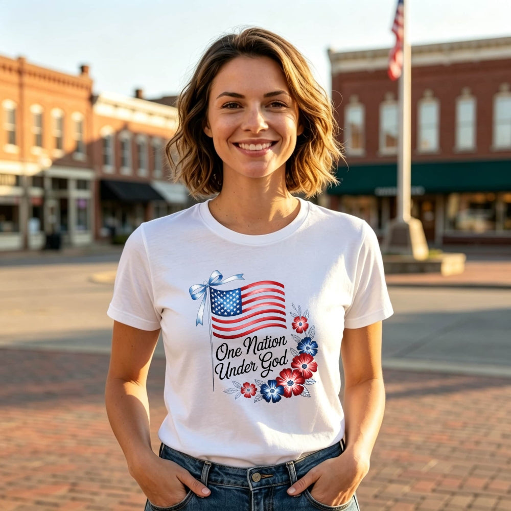 Patriotic American Flag And Flowers Classic T-Shirt One Nation Under God